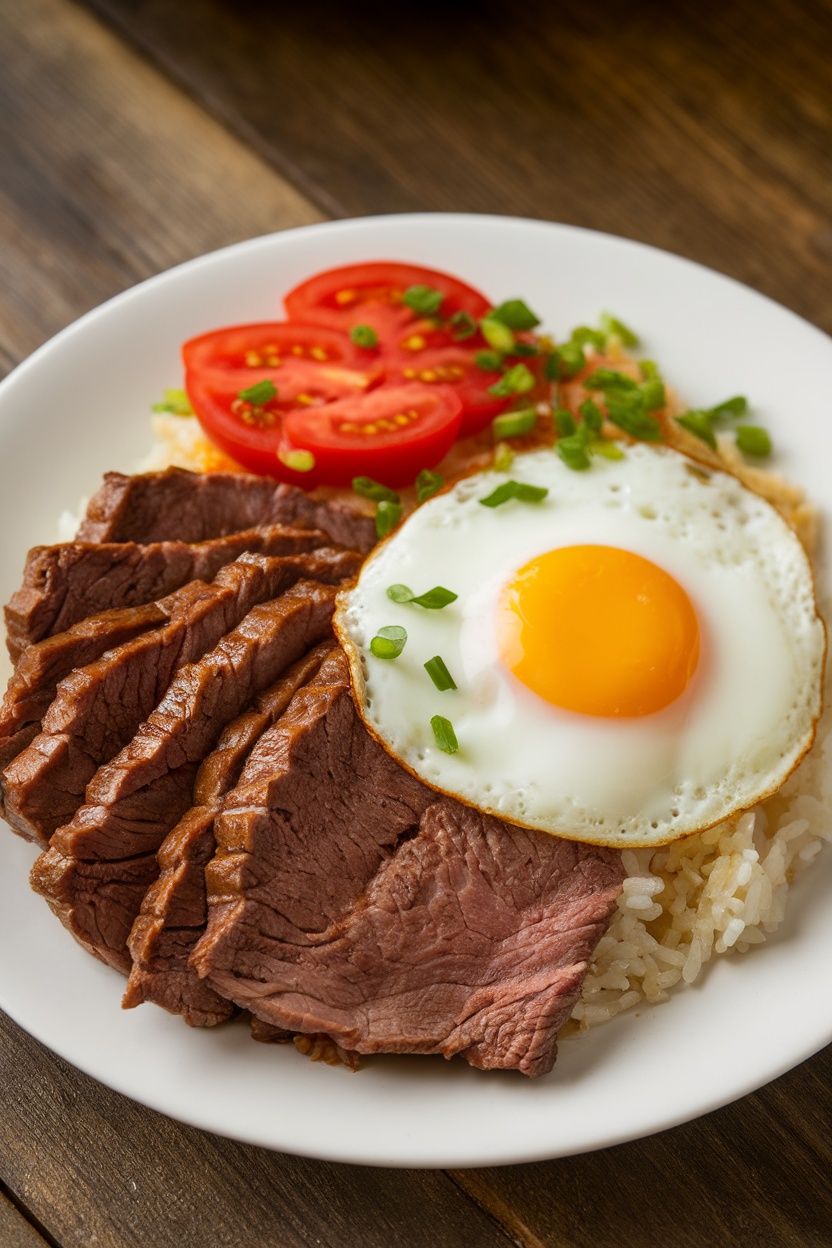 A delicious serving of Filipino beef tapa with garlic rice and a sunny-side-up egg on a rustic plate.